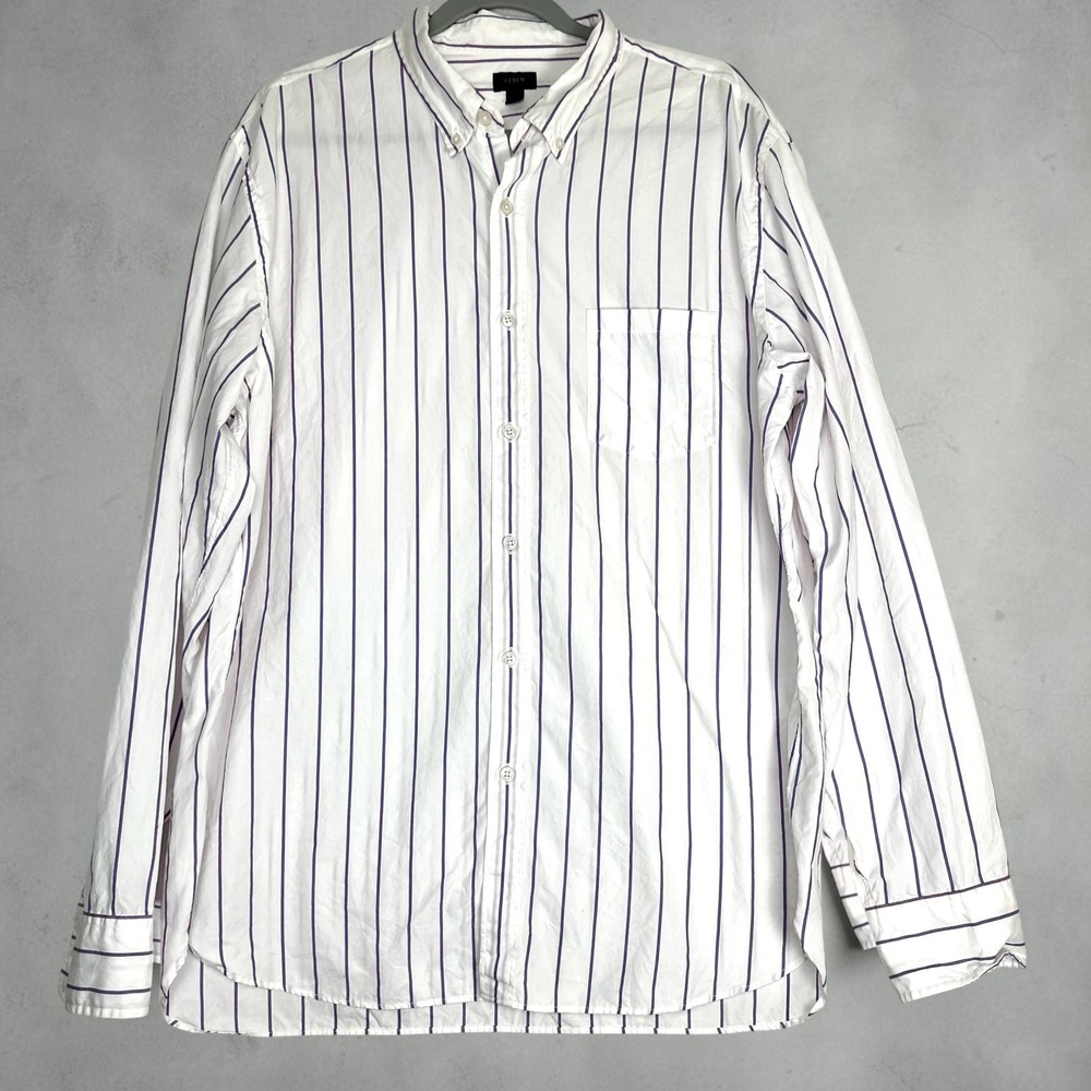 J.Crew Button-Down Shirt Mens XL White Blue Striped Cotton Long Sleeve Preppy